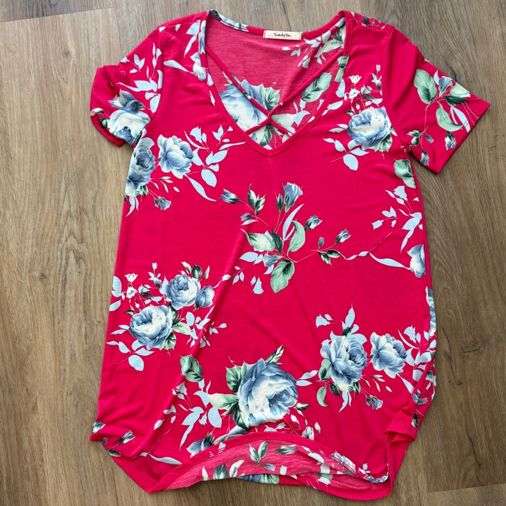 Floral V-Neck Women Top - Red/hot pink color